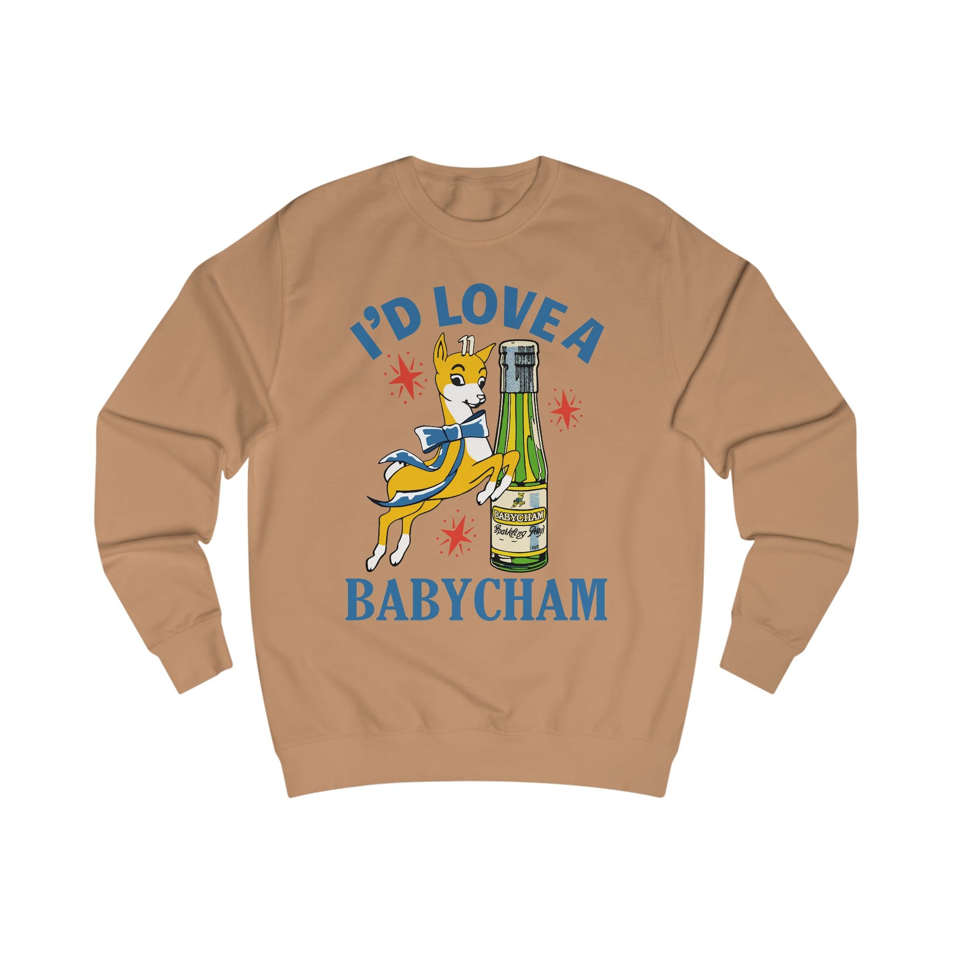 Brown sweatshirt with a graphic of a deer holding a bottle and text 'I'd Love a Babycham' on a white background