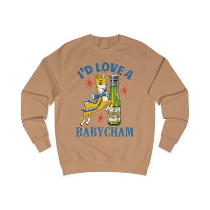Brown sweatshirt with a graphic of a deer holding a bottle and text 'I'd Love a Babycham' on a white background
