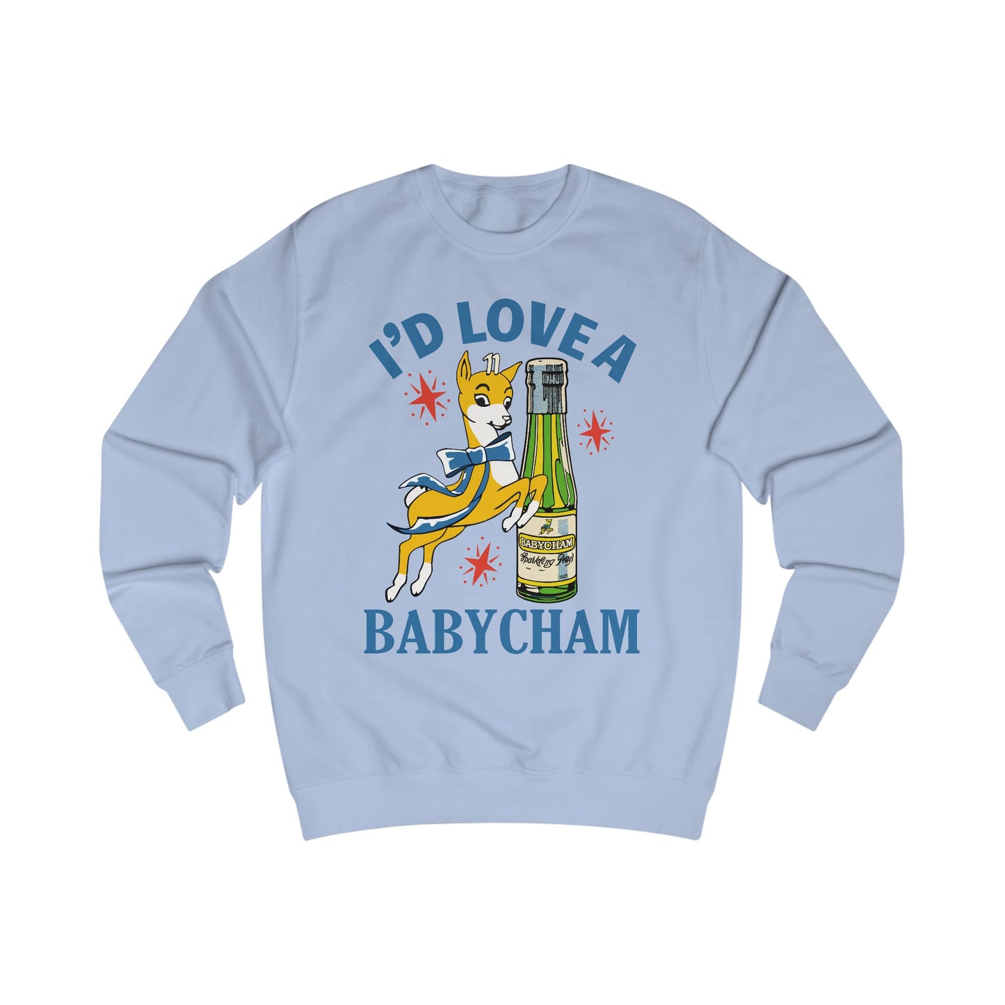 Light blue sweatshirt with a graphic of a deer holding a bottle and text 'I'd Love a Babycham' on a white background