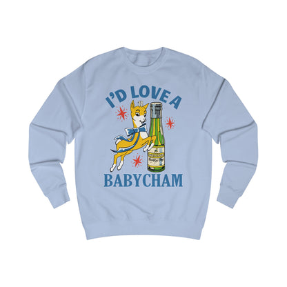 Light blue sweatshirt with a graphic of a deer holding a bottle and text 'I'd Love a Babycham' on a white background
