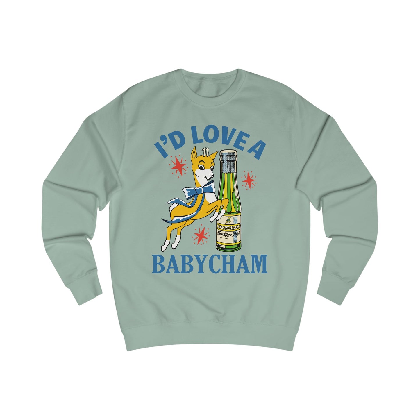 Light green sweatshirt with a graphic of a deer holding a bottle and text 'I'd Love a Babycham' on a white background