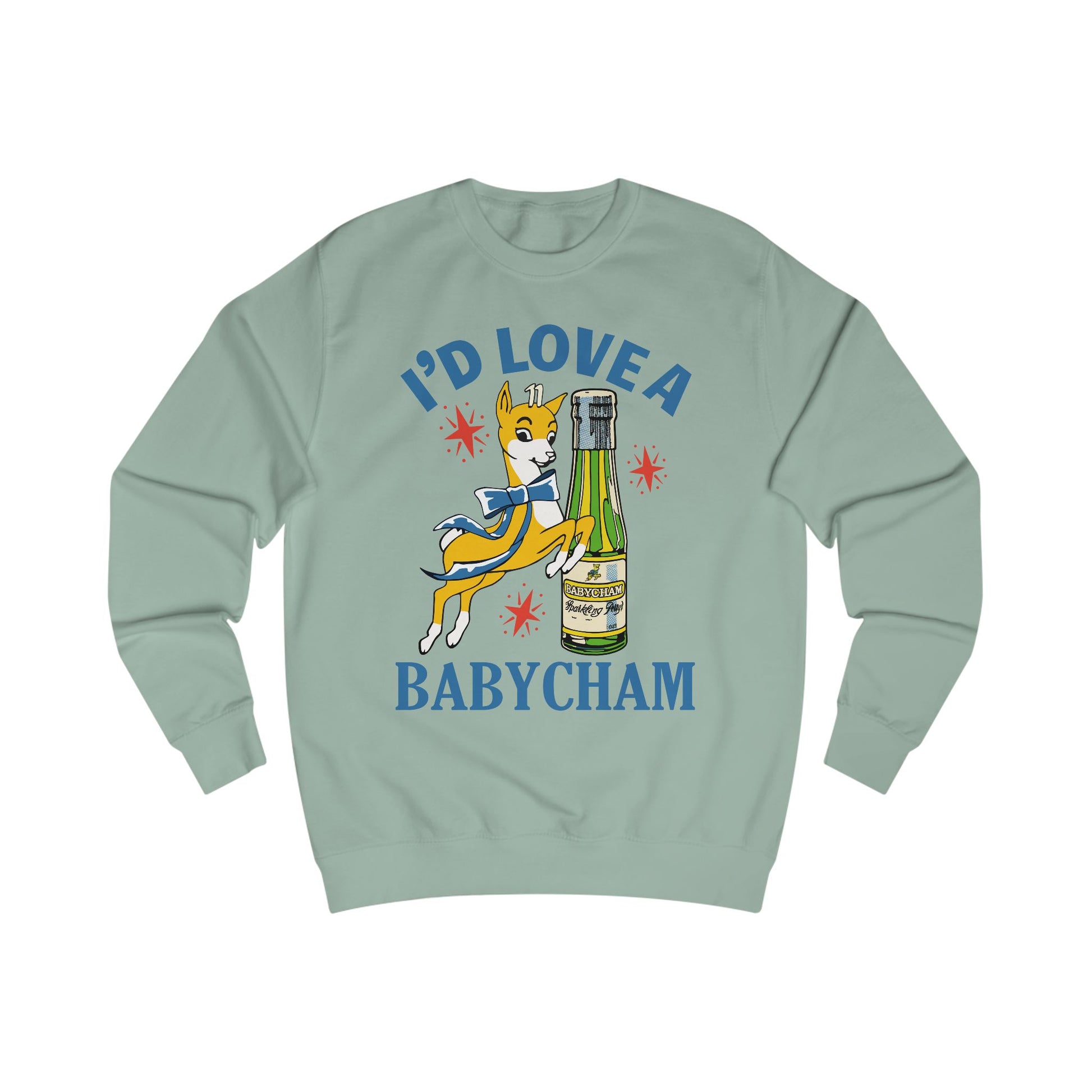 Light green sweatshirt with a graphic of a deer holding a bottle and text 'I'd Love a Babycham' on a white background
