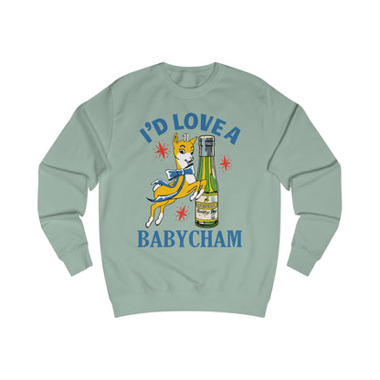 Light green sweatshirt with a graphic of a deer holding a bottle and text 'I'd Love a Babycham' on a white background