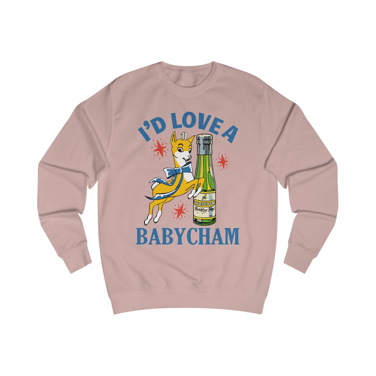 Pink sweatshirt with a graphic of a deer holding a bottle and text 'I'd Love a Babycham' on a white background