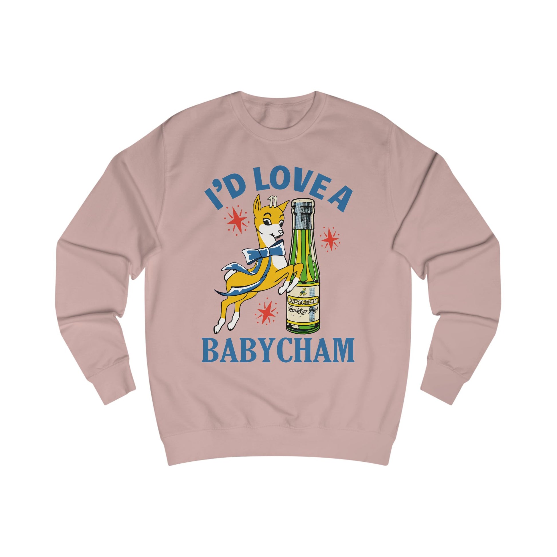 Pink sweatshirt with a graphic of a deer holding a bottle and text 'I'd Love a Babycham' on a white background