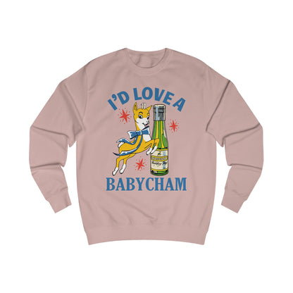 Pink sweatshirt with a graphic of a deer holding a bottle and text 'I'd Love a Babycham' on a white background