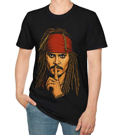 Person wearing a black t-shirt with captain Jack Sparrow graphic design on the front