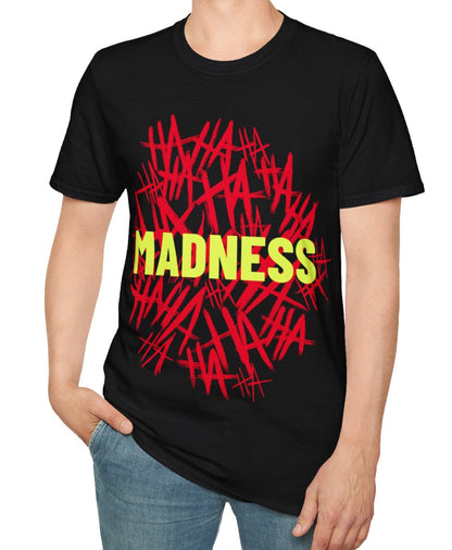 Person wearing a black t-shirt with a Joker inspired text design, red HA HA HA HA and yellow Madness graphic text design  on a white background