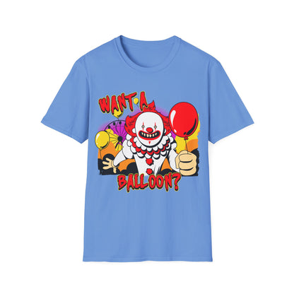 Blue t-shirt with a clown graphic and text 'Want a balloon?' on a white background