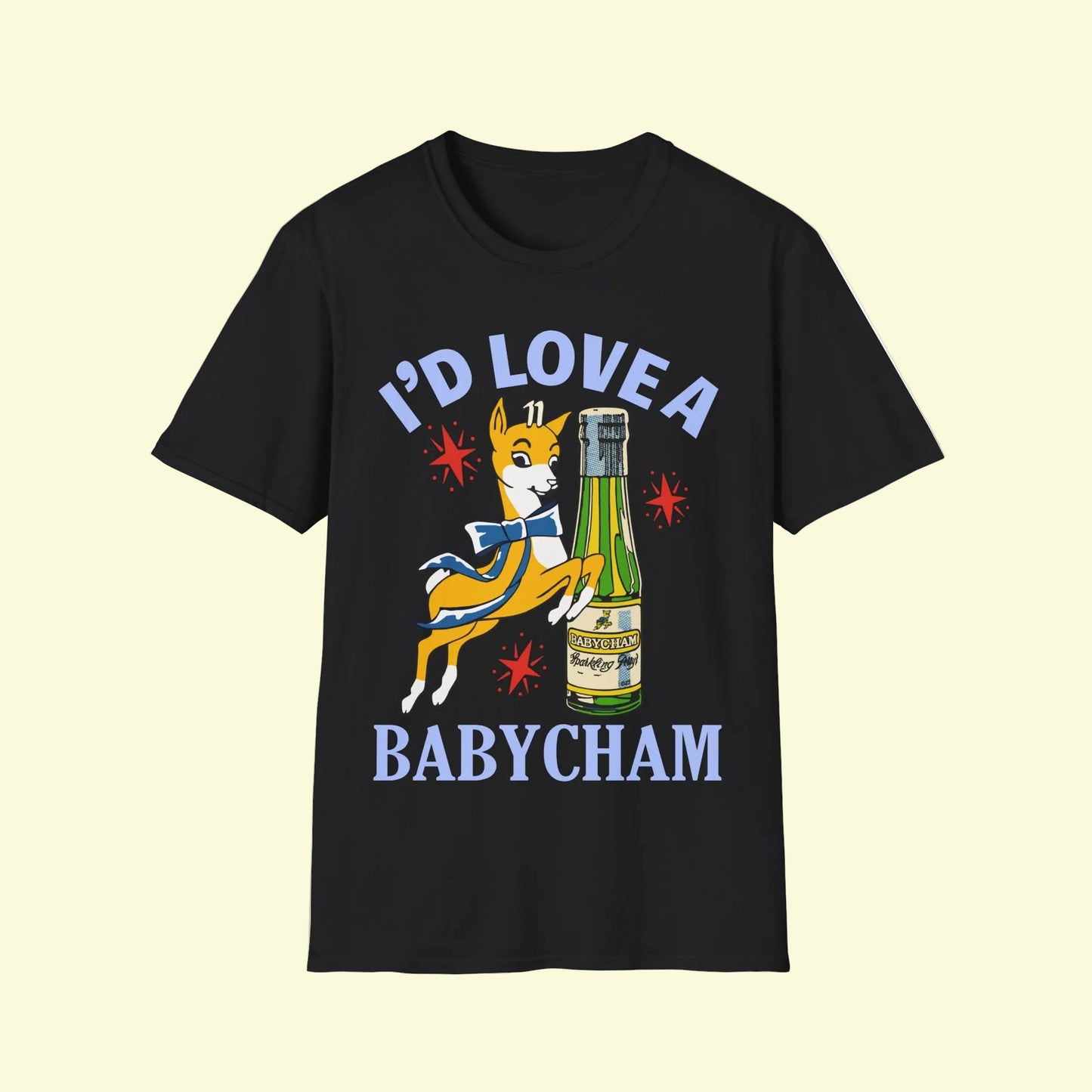 Black t-shirt with a graphic of a dog and bottle, and text 'I'd Love a Babycham' 