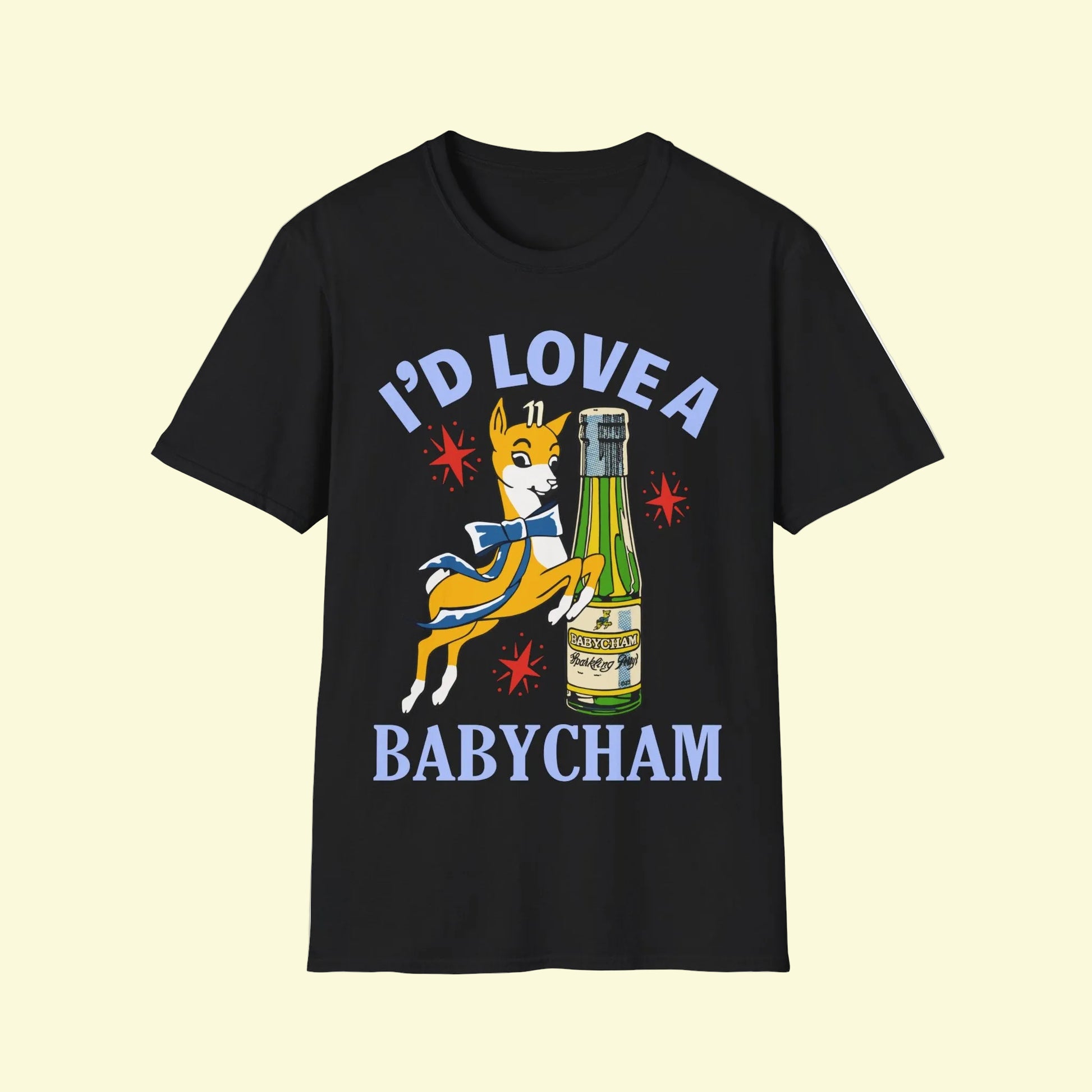 Black t-shirt with a graphic of a dog and bottle, and text 'I'd Love a Babycham' 