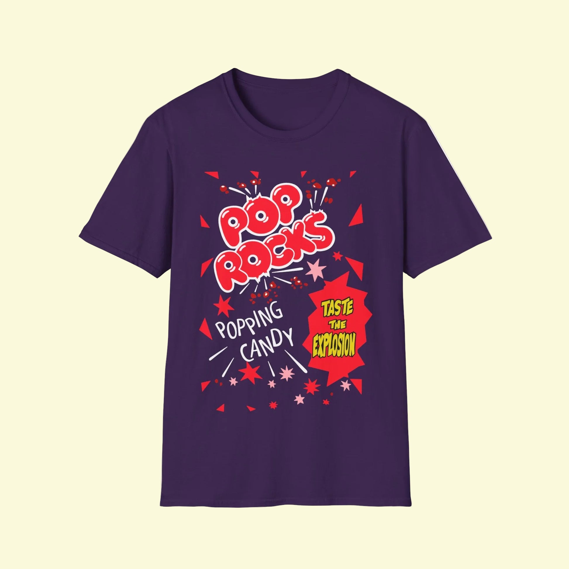 Purple short sleeve t-shirt featuring a retro 80s Pop Rocks Popping Candy design