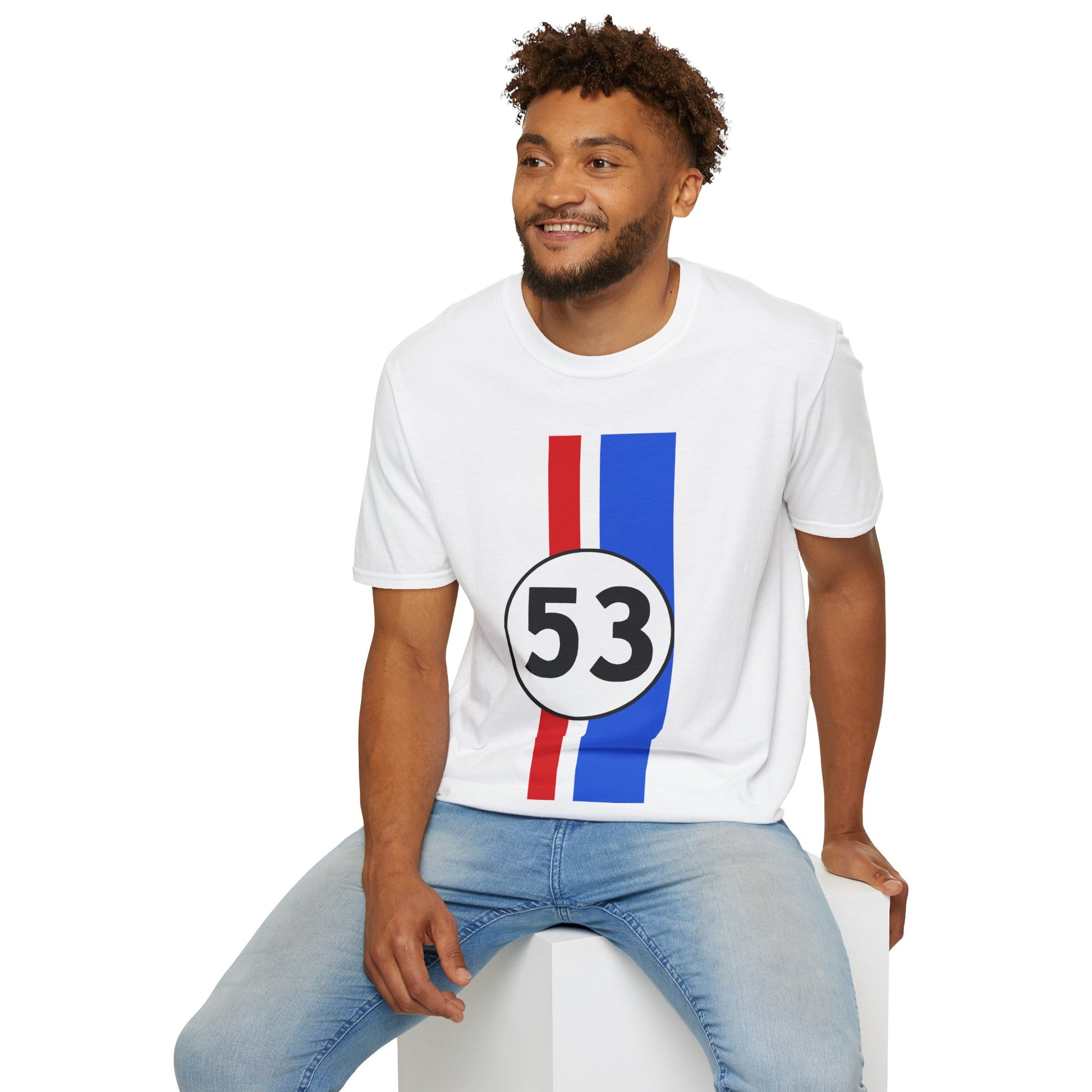 Man wearing a white t-shirt with a design featuring the number 53 on a white background