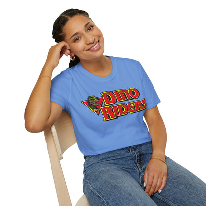 Person wearing a blue t-shirt with 'Dino Riders' logo sitting on a chair.