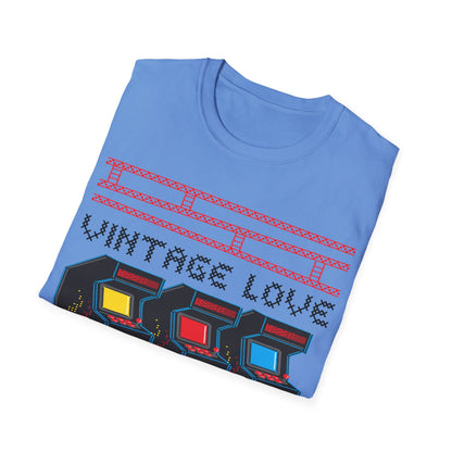 Folded blue t-shirt with 'Vintage Love' text and colorful design on a white background