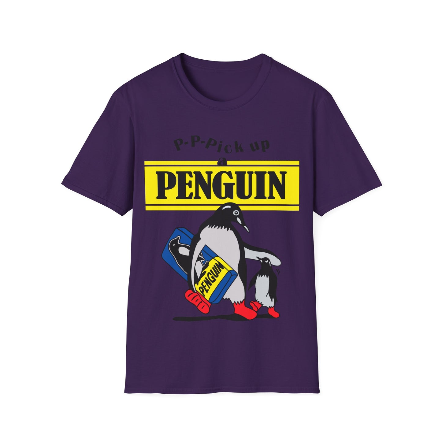 Purple t-shirt with a penguin graphic and text on a white background