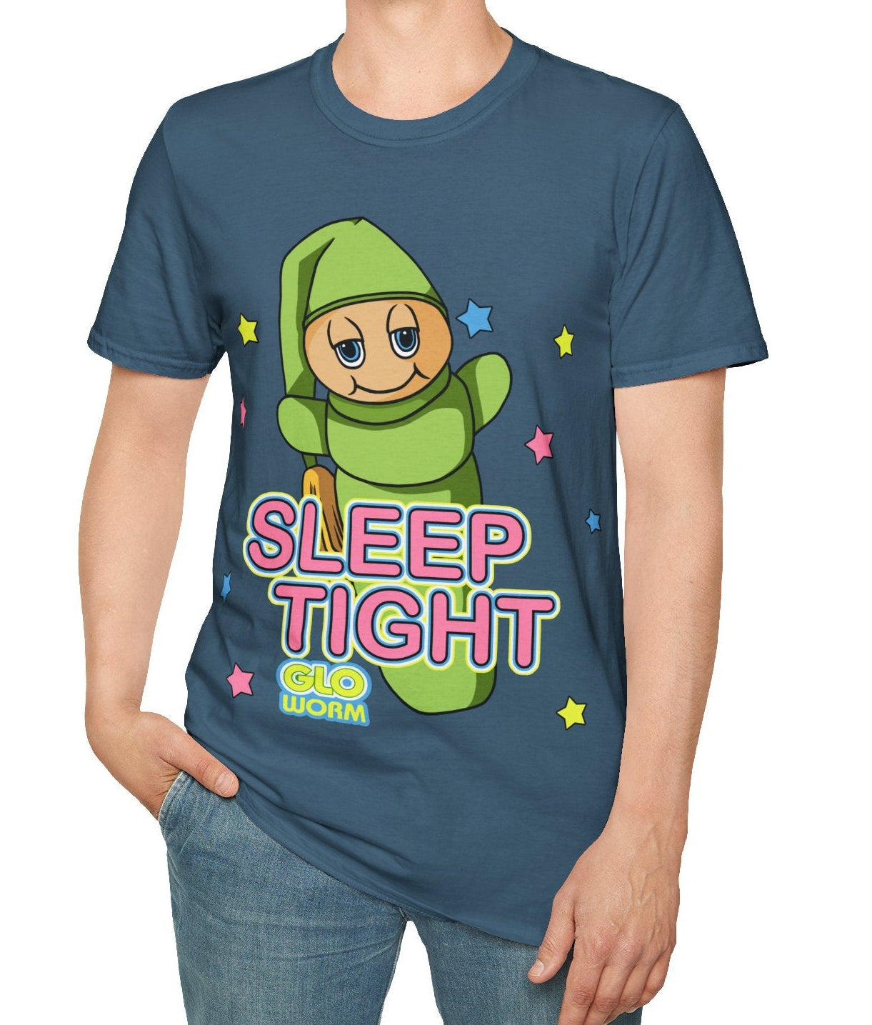 Person wearing a blue t-shirt with a cartoon character and text on a white background