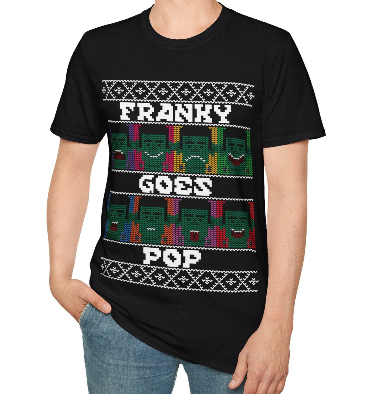 Person wearing a black t-shirt with colourful graphics and Franky Goes Pop text on a white background
