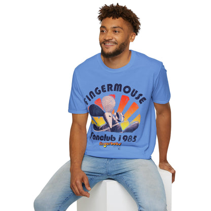 Man wearing a blue t-shirt with 'Fingermouse Fanclub 1985' design on a white background