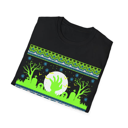 Folded Black t-shirt with a green and blue vibrant graphic design featuring a zombie theme and text 'Zombies Never Die' on a white background.