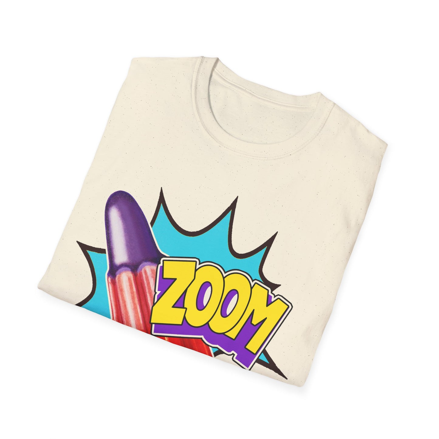 Folded beige sweatshirt with colorful 'Zoom' graphic on a white background
