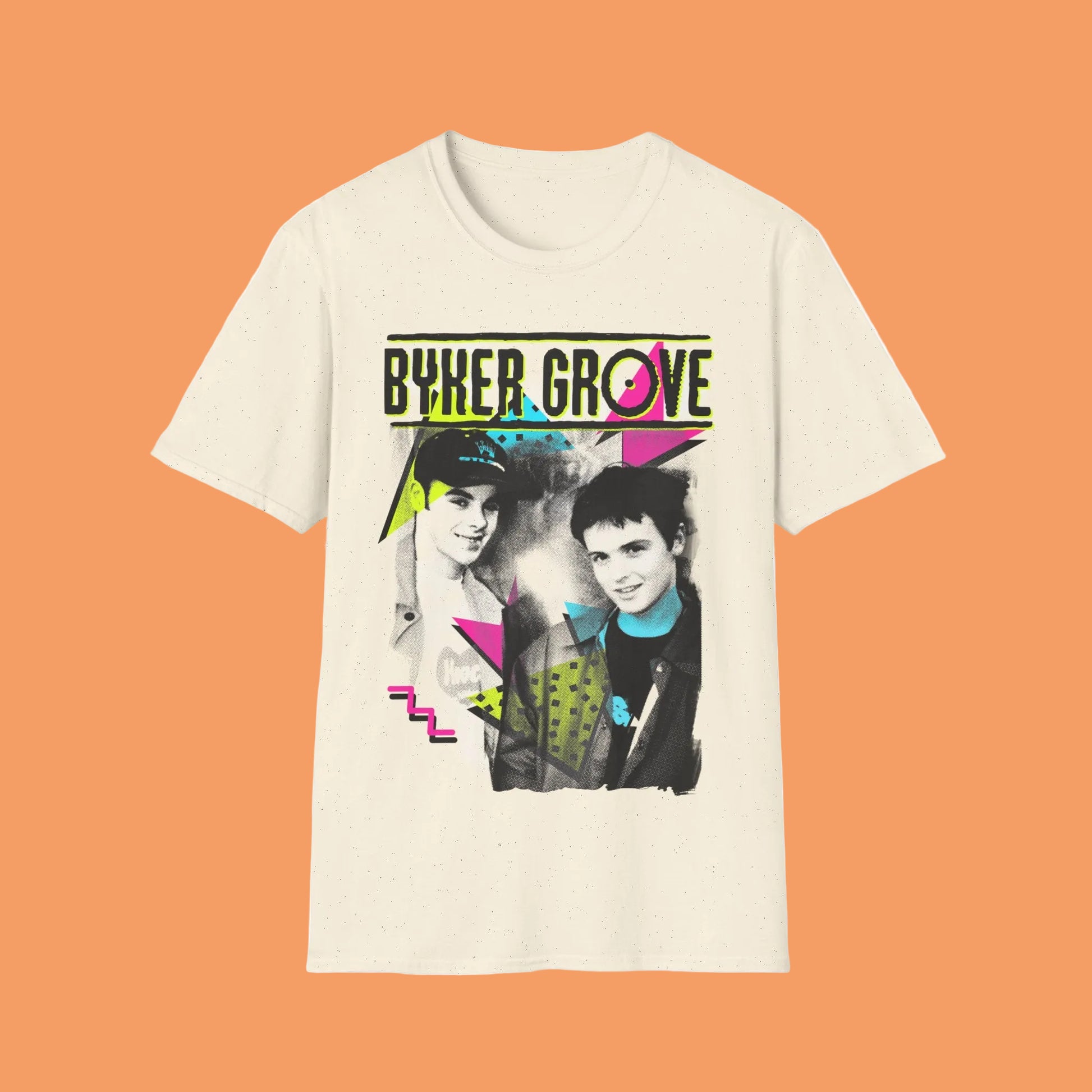 Natural short Sleeve t-shirt with 'Byker Grove' graphic design featuring PJ & Duncan  