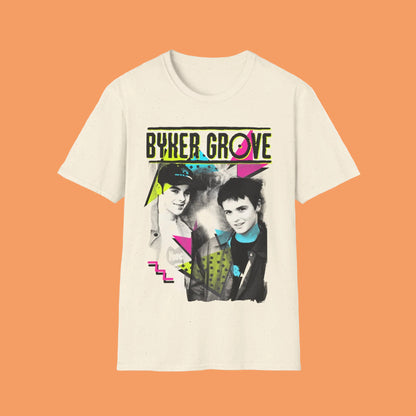 Natural short Sleeve t-shirt with 'Byker Grove' graphic design featuring PJ & Duncan  