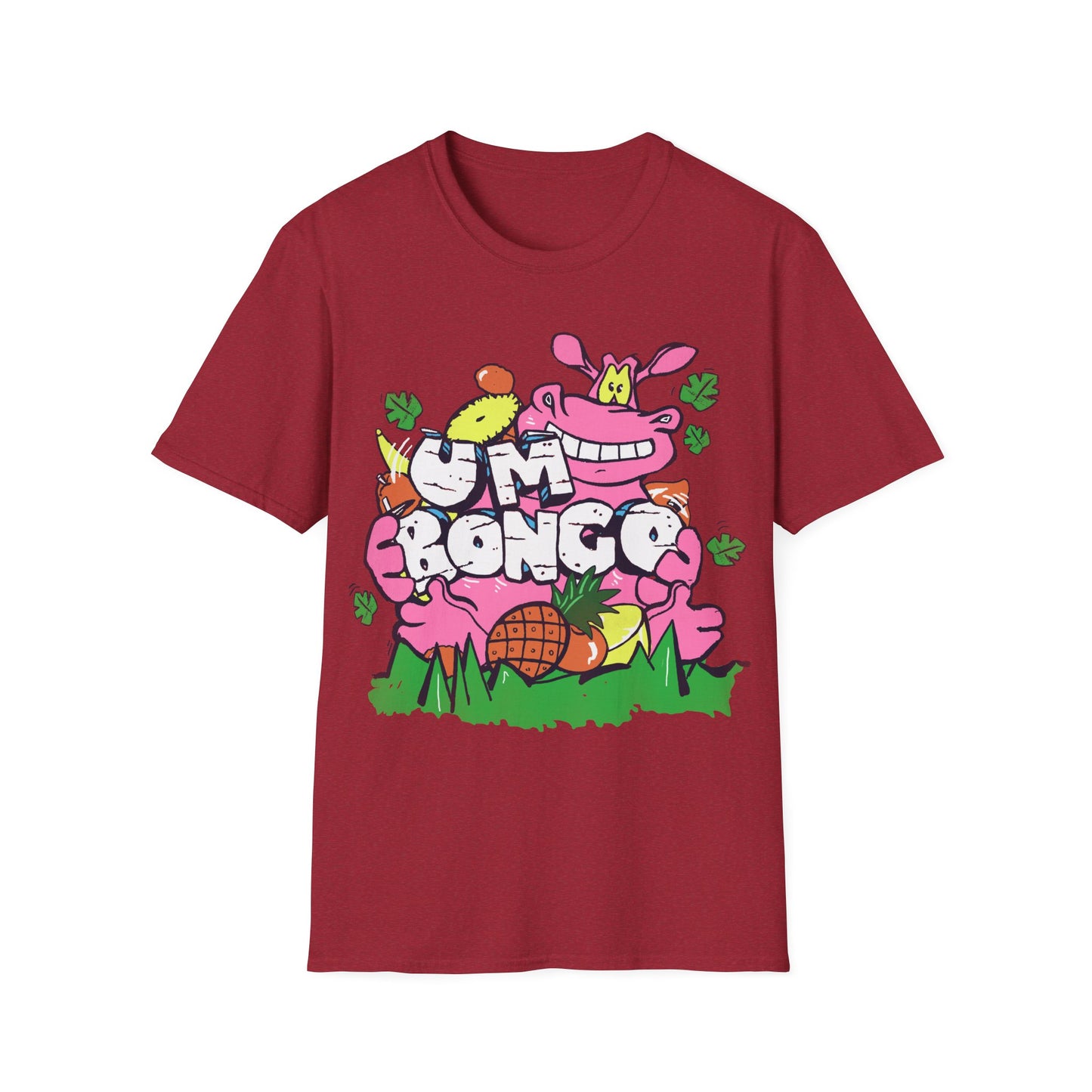 Antique cherry Red short sleeve official Um Bongo hippo T-shirt colourful 80s tropical juice drink with cartoon hippo and Um bongo logo