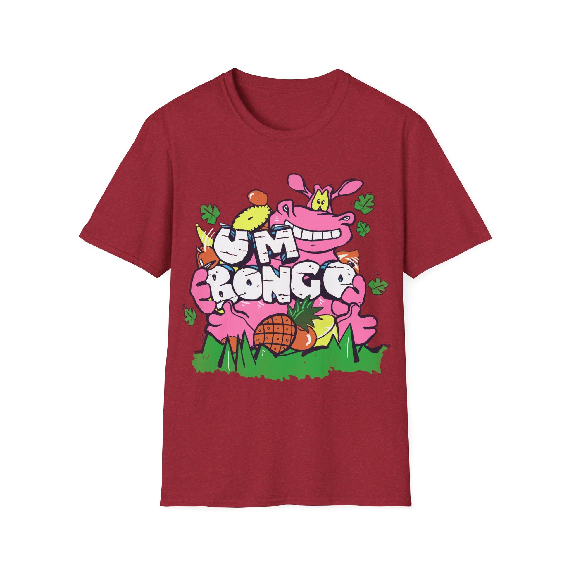 Antique cherry Red short sleeve official Um Bongo hippo T-shirt colourful 80s tropical juice drink with cartoon hippo and Um bongo logo