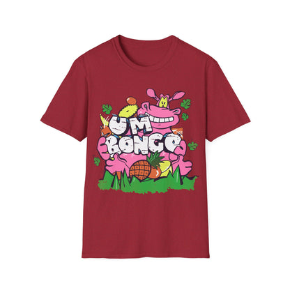 Antique cherry Red short sleeve official Um Bongo hippo T-shirt colourful 80s tropical juice drink with cartoon hippo and Um bongo logo
