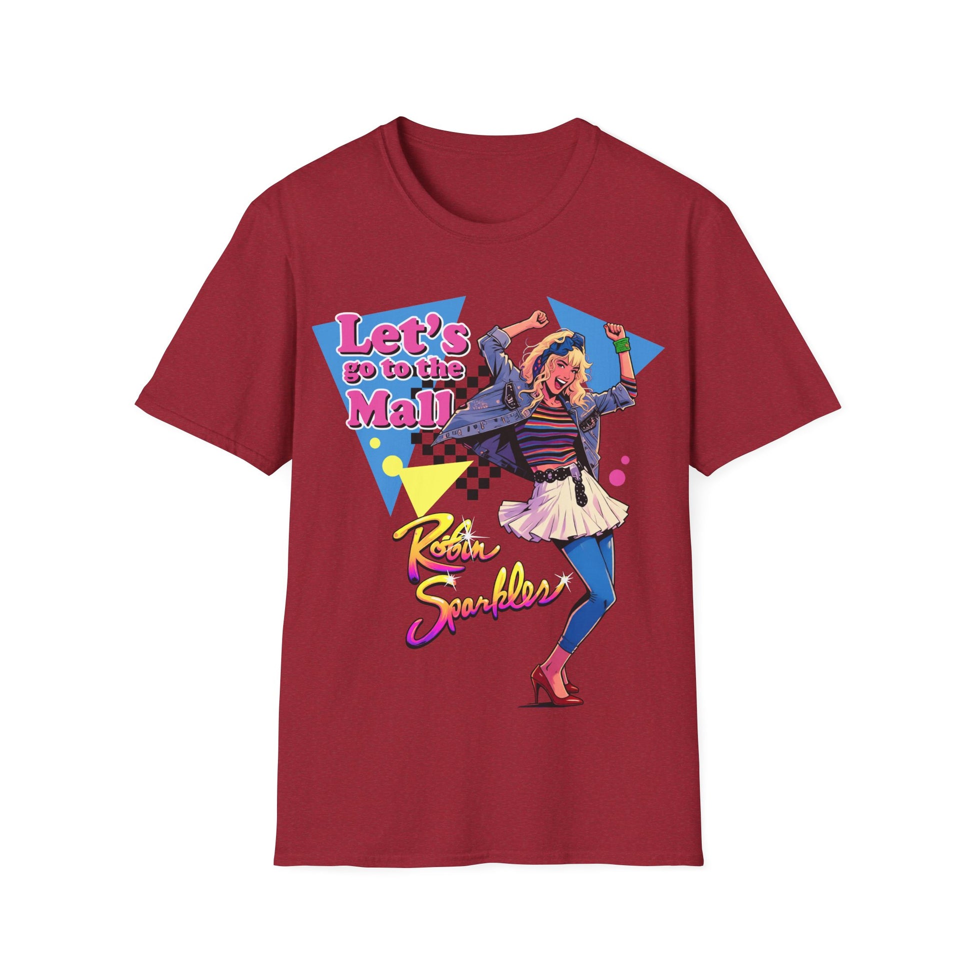 Red t-shirt with a colourful Robin Sparkles Lets Go To The Mall 80s style design, inspired by How I Met Your Mother TV Series