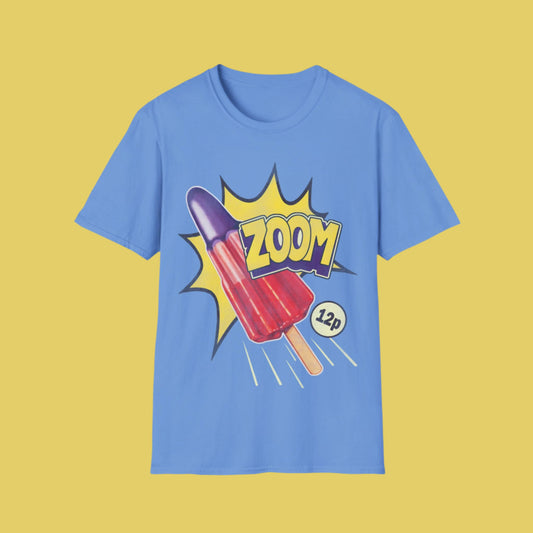 Blue t-shirt with a popsicle graphic and 'ZOOM' text on a white background