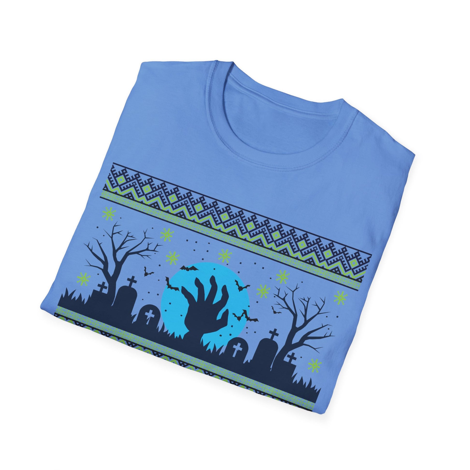 Folded blue t-shirt with a Halloween-themed design on a white background