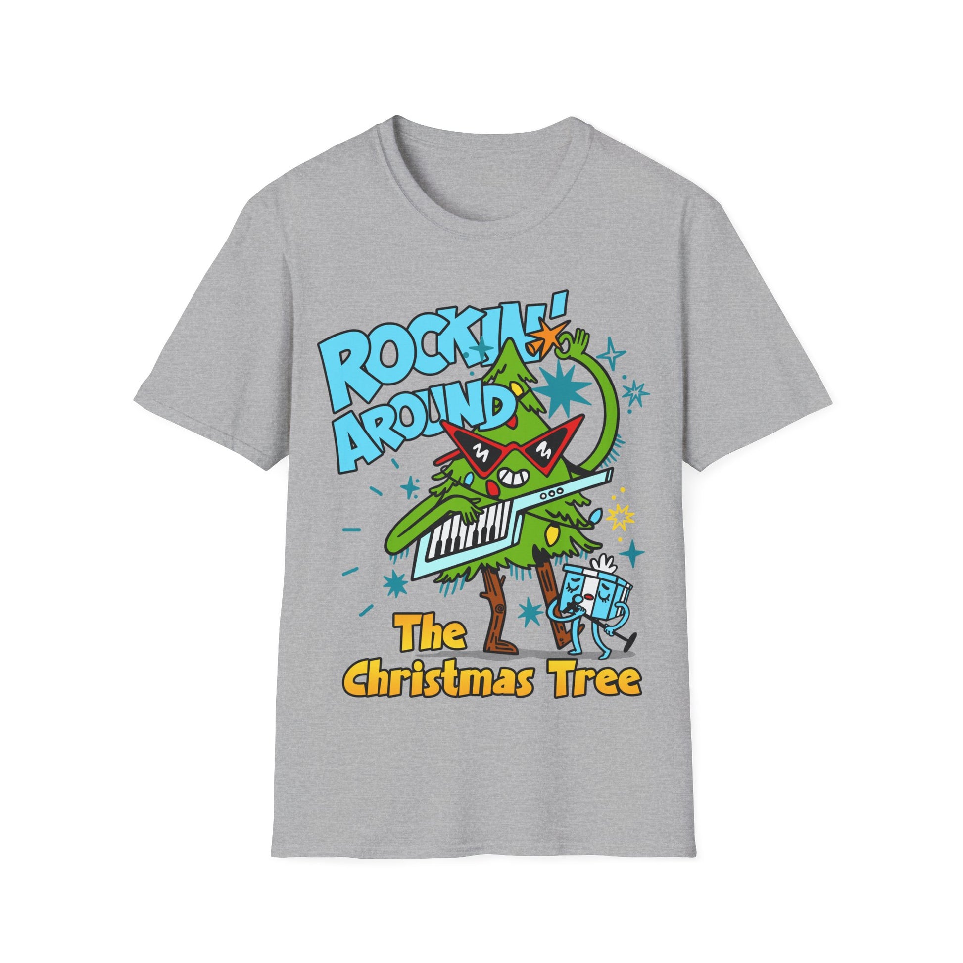 Retro Music Inspired grey t-shirt with a colourful graphic of a Christmas tree and text Rockin Around The Christmas Tree 