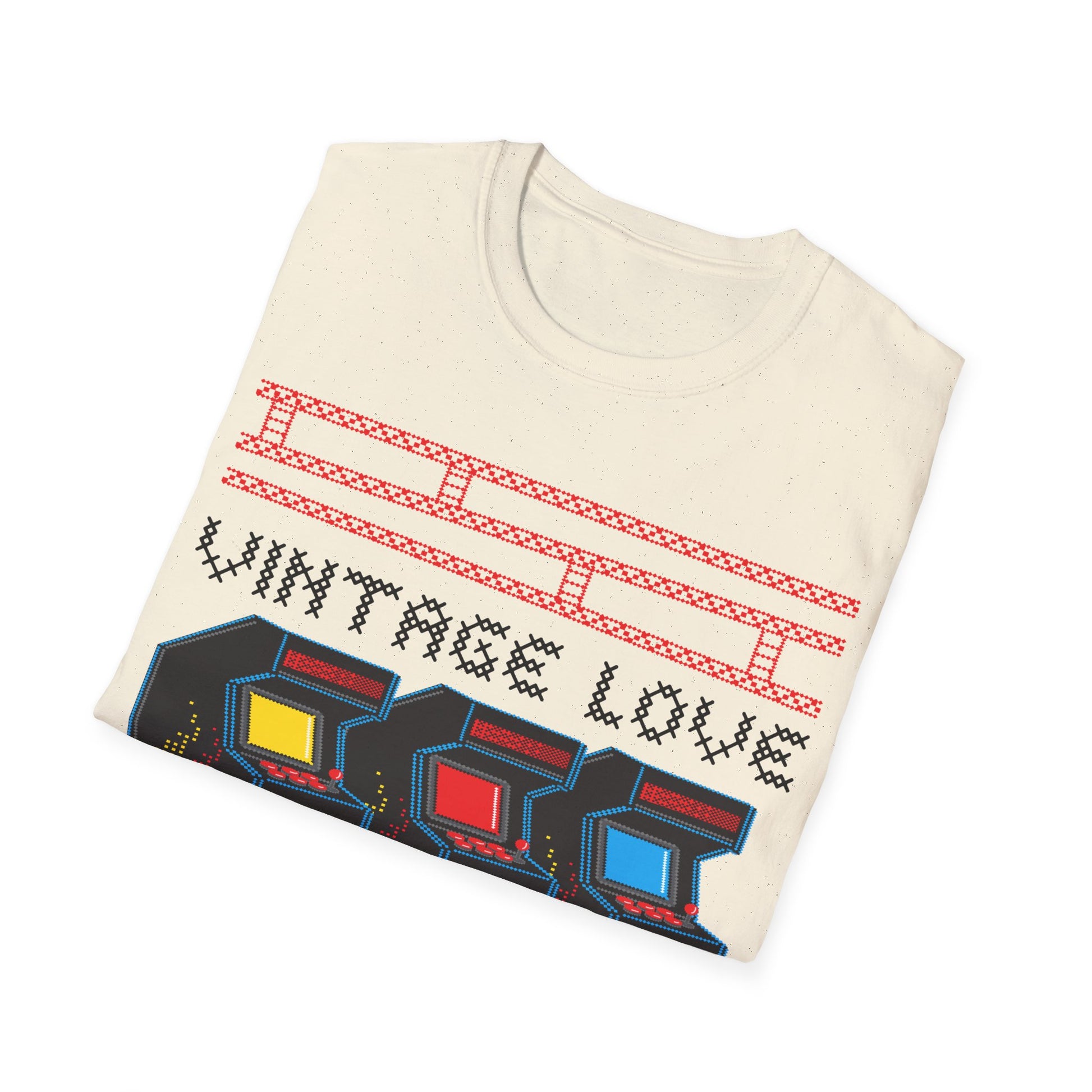 Folded cream-coloured t-shirt with retro arcade game design and Vintage Love Retro Gamer text on a white background