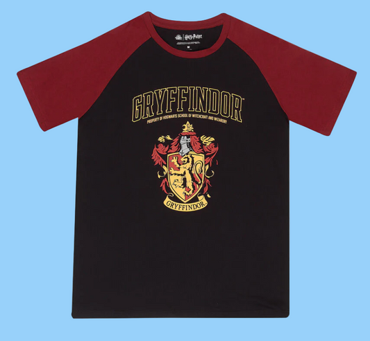 Harry Potter Black and red short sleeve raglan t-shirt with Gryffindor house crest logo 