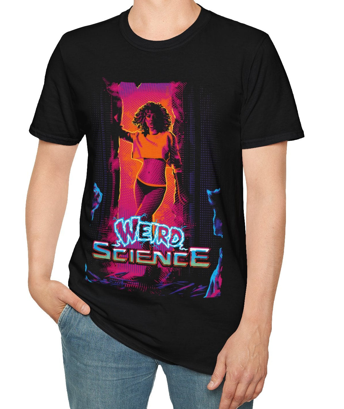 Person wearing a black t-shirt with a colorful ' Weird Science' design on a white background