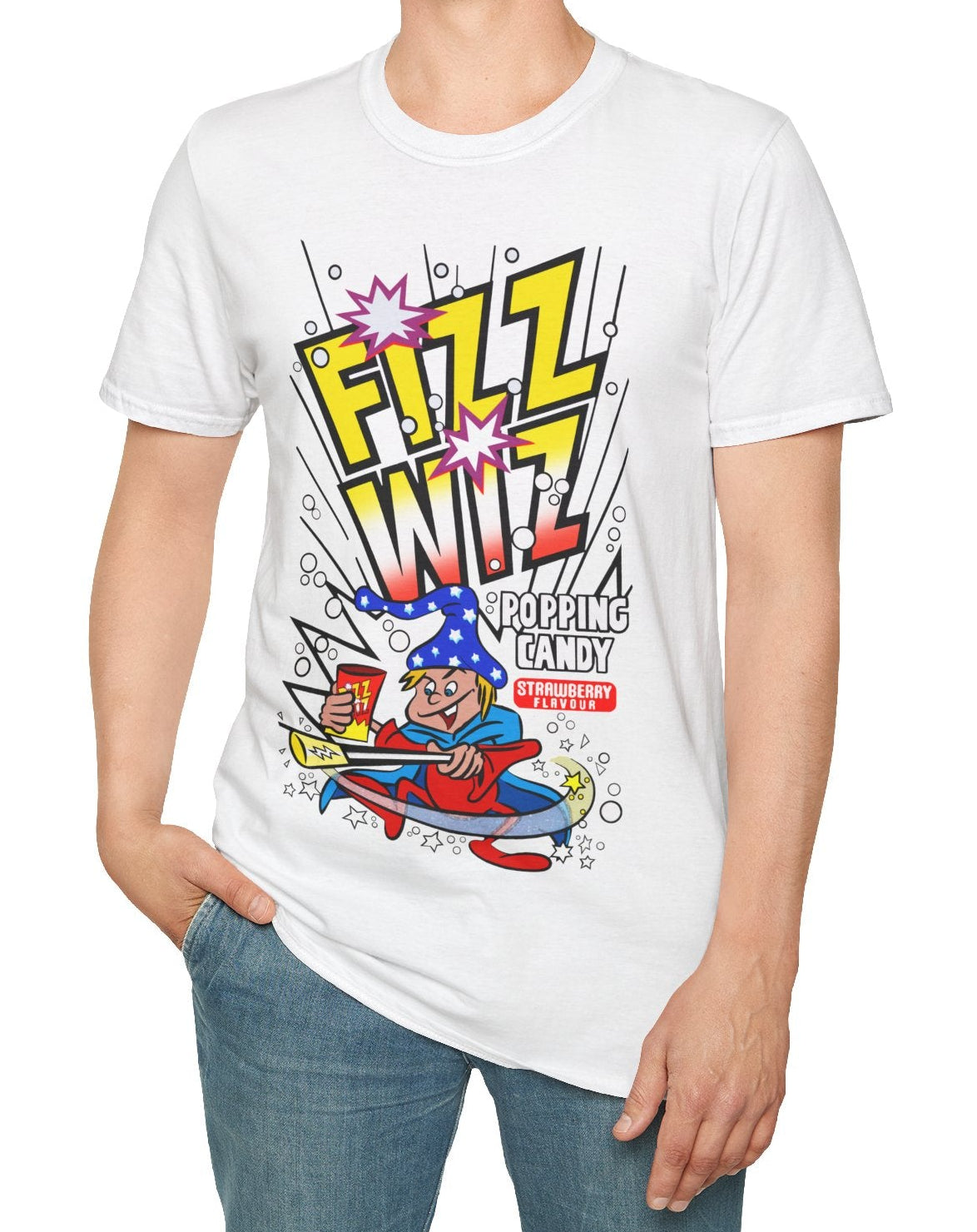 Person wearing a white t-shirt with Fizz Wiz Popping candy colourful graphic design on a white background