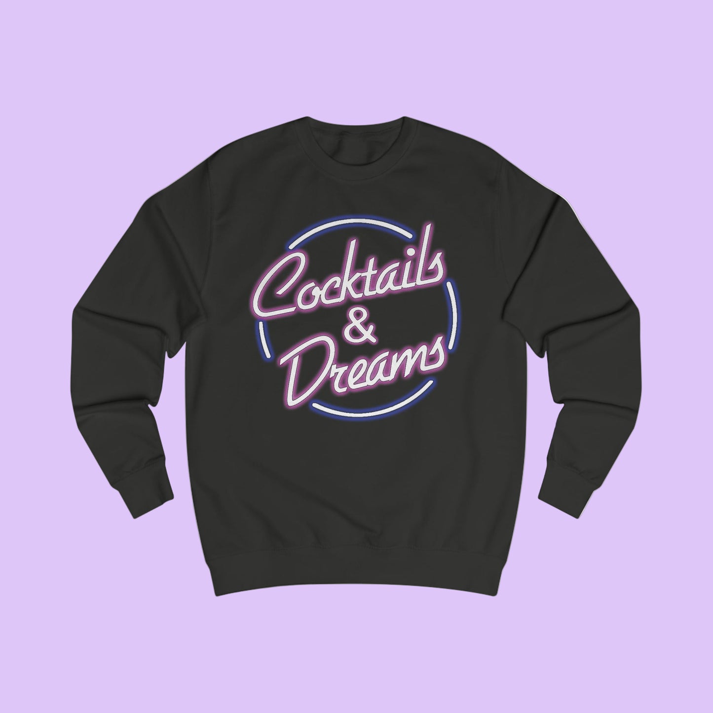 Black sweatshirt with 'Cocktails & Dreams' text design on a white background