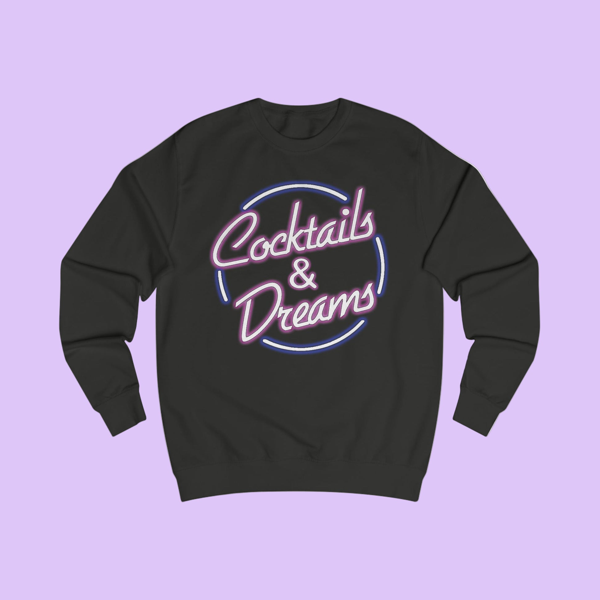 Black sweatshirt with 'Cocktails & Dreams' text design on a white background