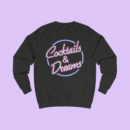 Black sweatshirt with 'Cocktails & Dreams' text design on a white background