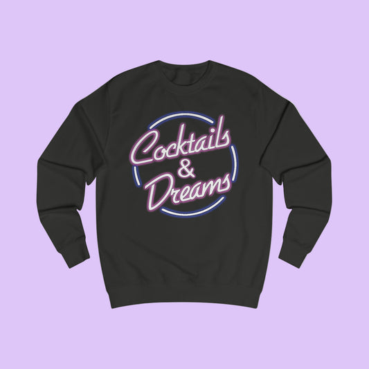 Black sweatshirt with 'Cocktails & Dreams' text design on a white background
