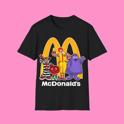 Black t-shirt with McDonald's logo and cartoon characters on a white background