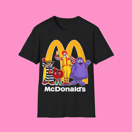 Black t-shirt with McDonald's logo and cartoon characters on a white background