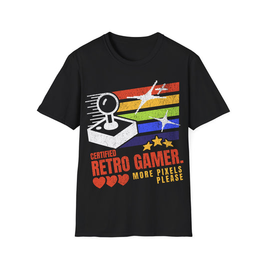 Black t-shirt with retro gaming graphic and text on a white background