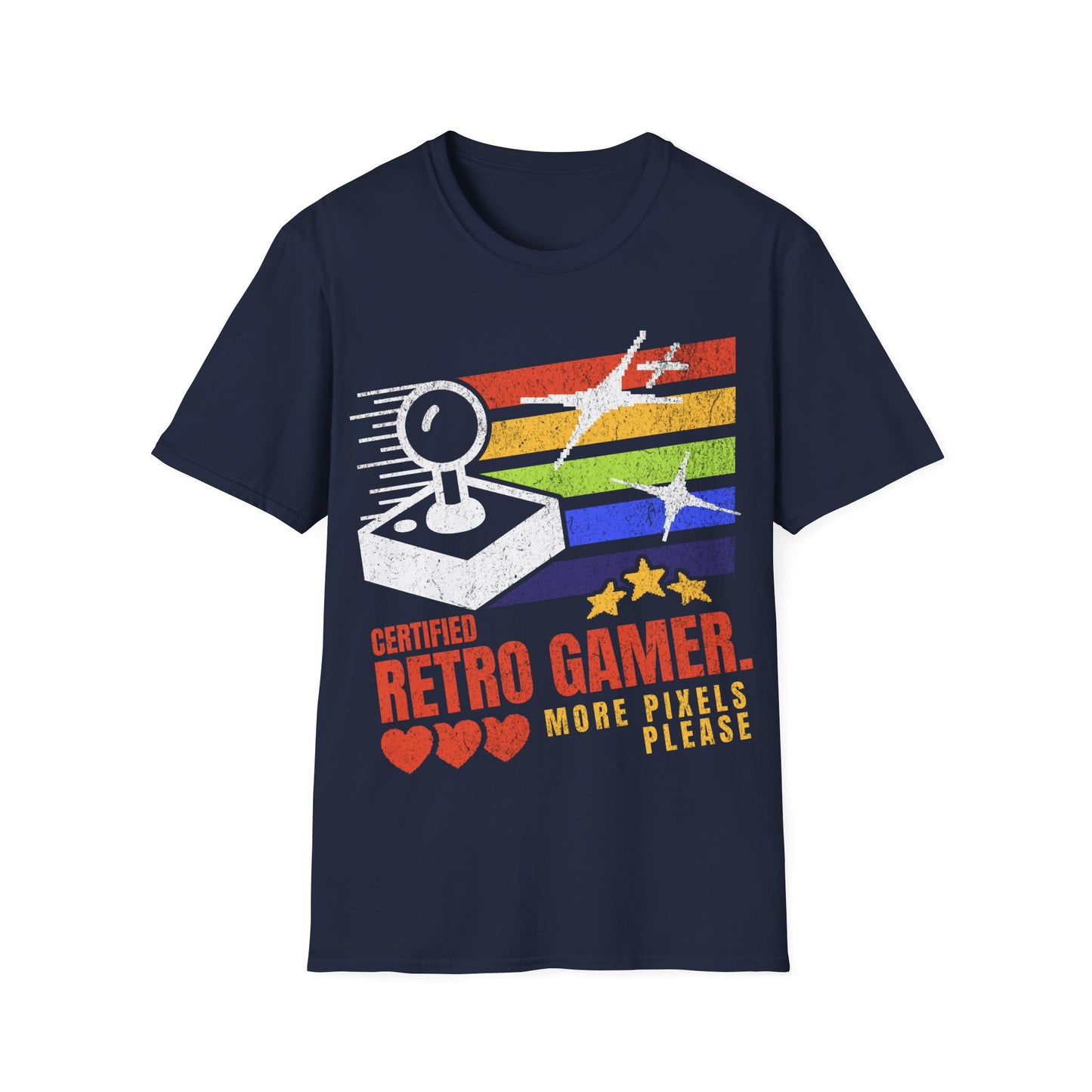 Navy blue t-shirt with retro gaming graphic and text on a white background