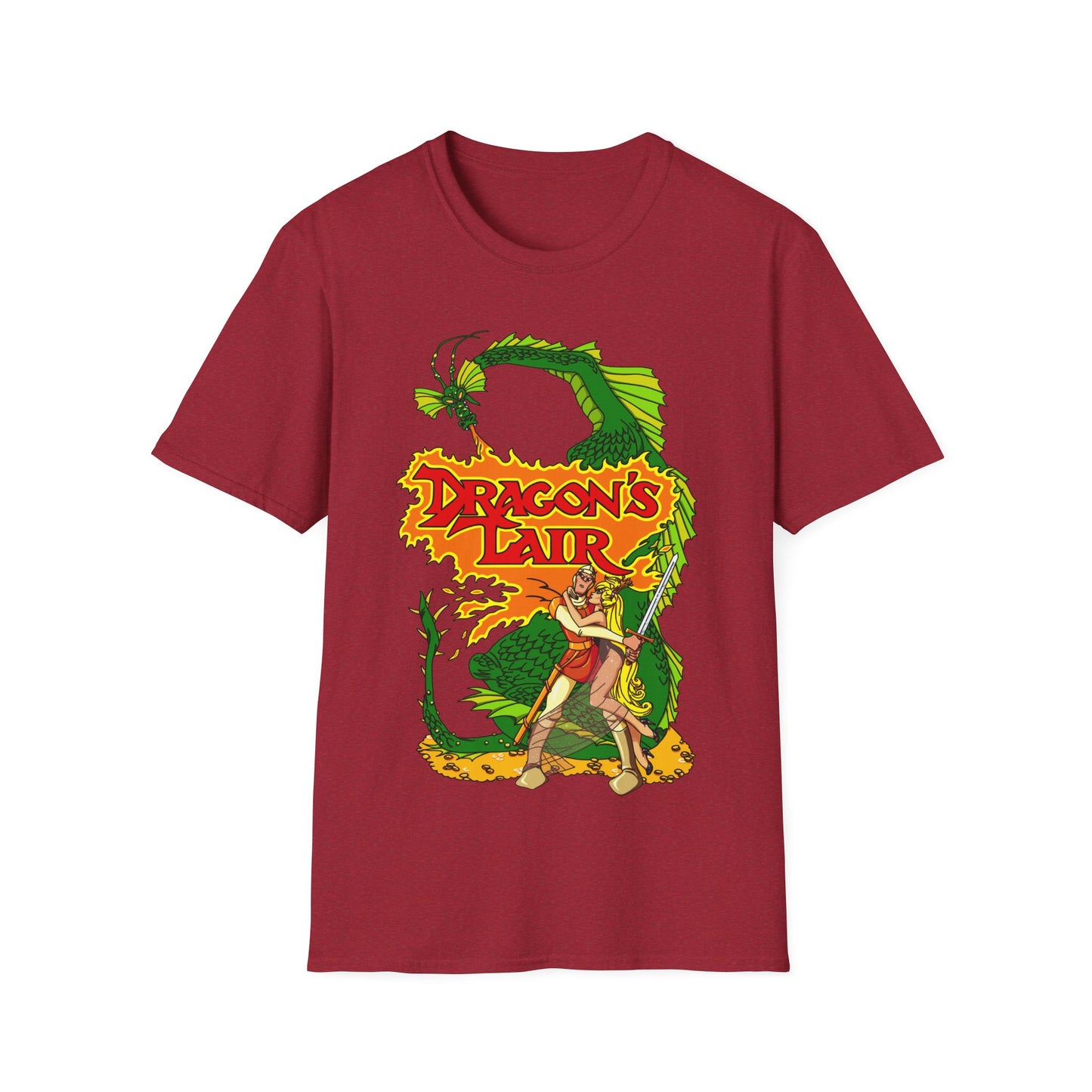 Red t-shirt with 'Dragon's Lair' retro gaming graphic design featuring a dragon and a character.