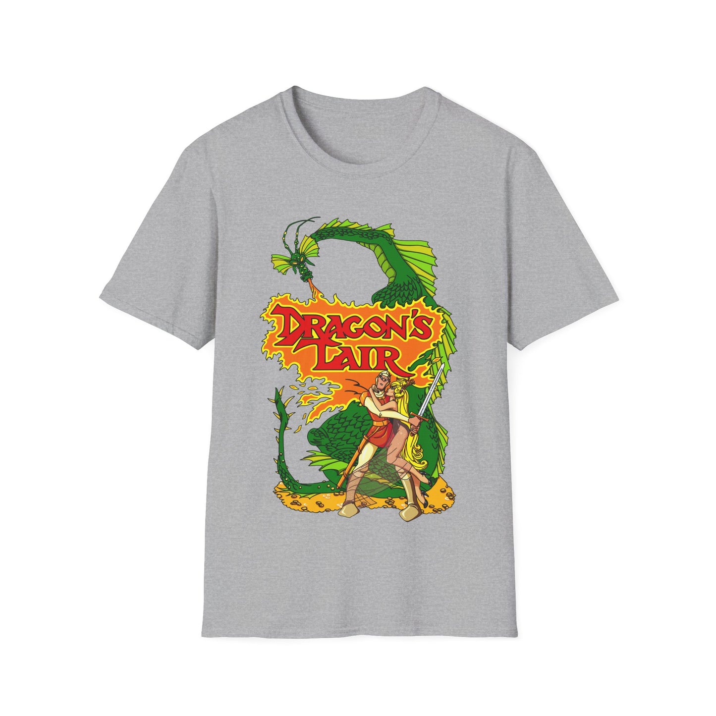 Gray t-shirt with 'Dragon's Lair' retro gaming graphic design featuring a dragon and a character.