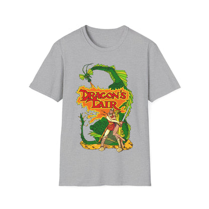Gray t-shirt with 'Dragon's Lair' retro gaming graphic design featuring a dragon and a character.