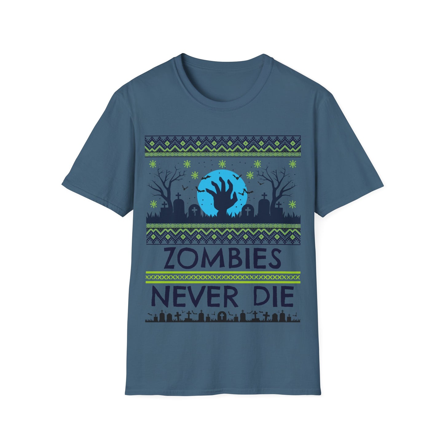 Indigo Blue t-shirt with 'Zombies Never Die' graphic design on a white background